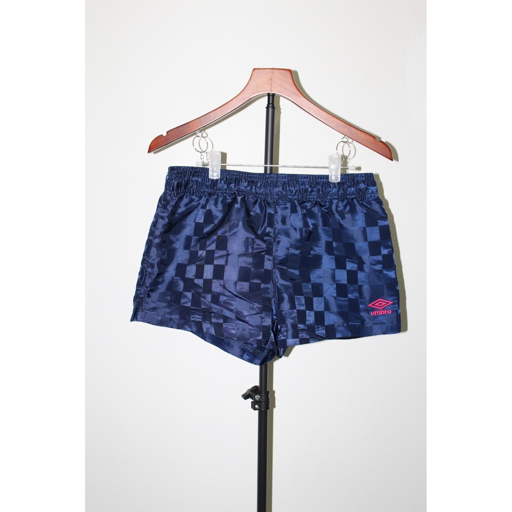 VTG Umbro Navy Blue Checkerboard Athletic Shorts Pink Logo Women Medium